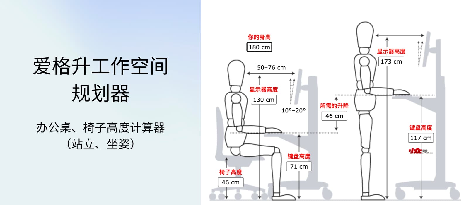 爱格升工作空间规划器 - 更易懂的办公桌、椅子高度计算器（站立、坐姿）