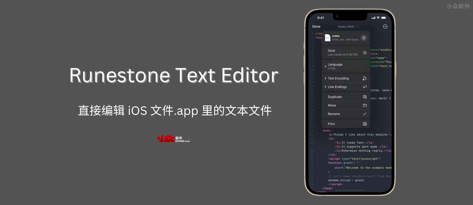 Runestone Text Editor - 文本编辑器：直接编辑 iOS 文件.app 里的文本文件 - 小众软件