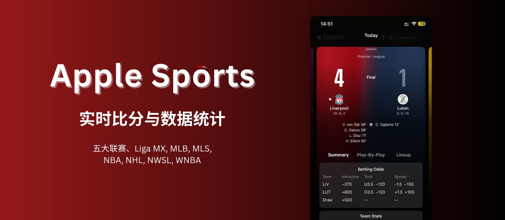 Apple Sports 发布，追踪实时你喜爱的球队和联赛比分和统计数据，包括五大联赛、NBA、MLB、MLS 等，无国内联赛[iPhone] 1