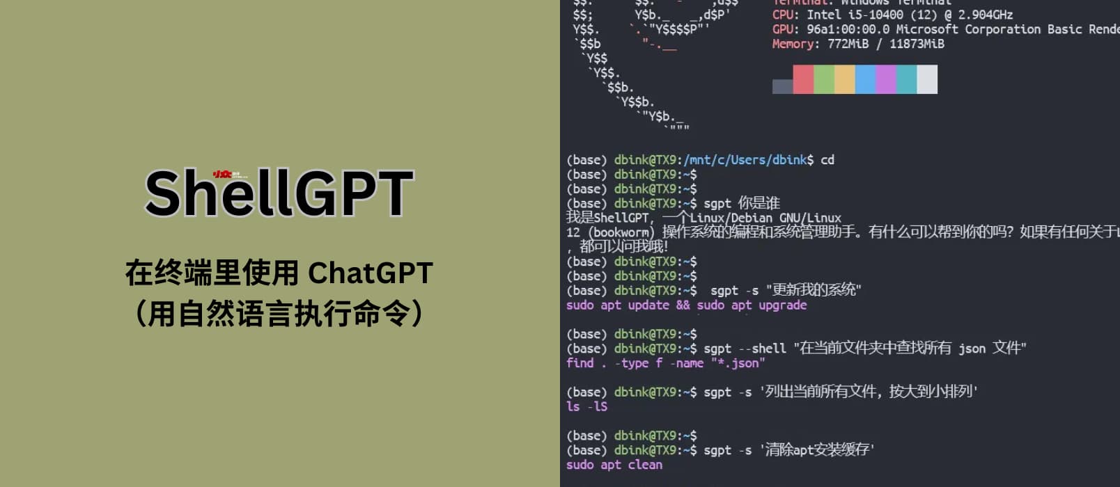 ShellGPT - 在终端里使用 ChatGPT（用自然语言执行命令）：更新我的系统、从大到小列出文件、帮我安装 Docker… 1