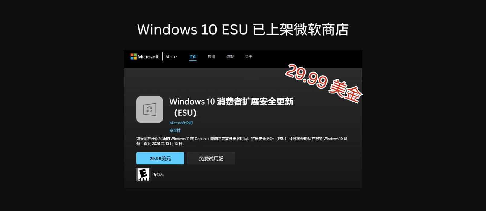 29.99 美金,Windows 10 消费者扩展安全更新计划(ESU)上架微软商店 1 29.99 美金,Windows 10 消费者扩展安全更新计划(ESU)上架微软商店 1