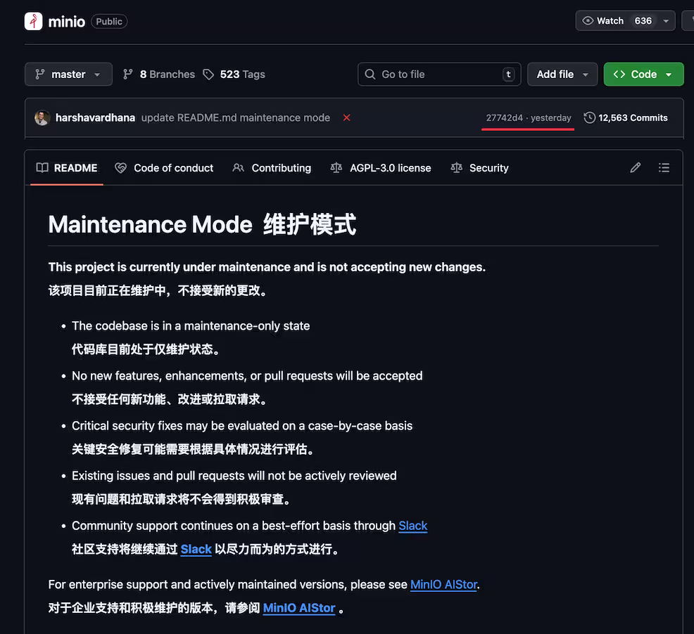 MinIO 宣布进入维护模式，不再接受任何新功能、改进或拉取请求｜附替代品列表 2
