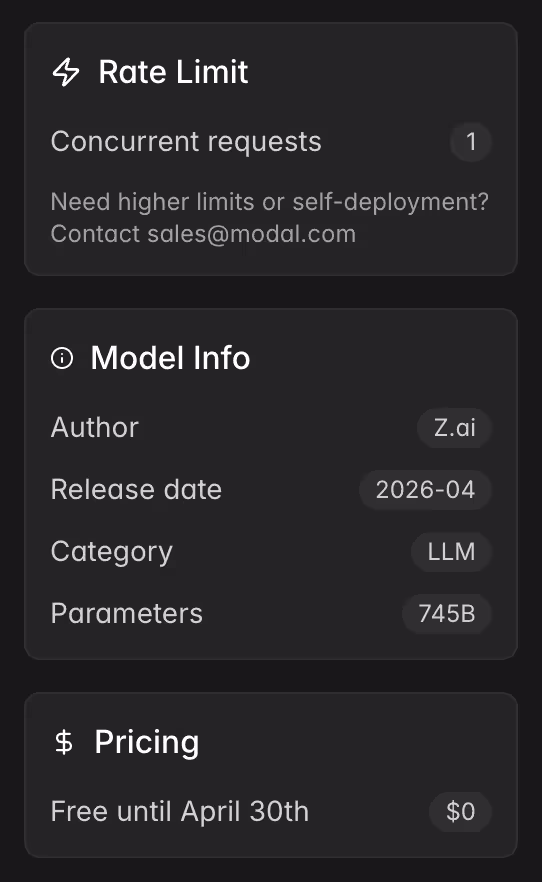 Modal 提供免费的 GLM-5.1 模型到月底,但限速 1 3 Modal 提供免费的 GLM-5.1 模型到月底,但限速 1 3