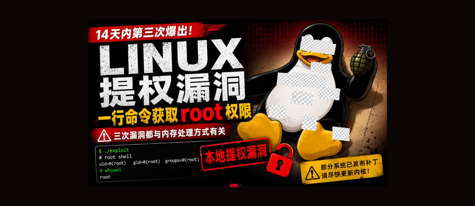 14天内三爆 Linux 提权漏洞 Fragnesia,一行代码,获得 root 权限|CVE-2026-46300 1 14天内三爆 Linux 提权漏洞 Fragnesia,一行代码,获得 root 权限|CVE-2026-46300 1