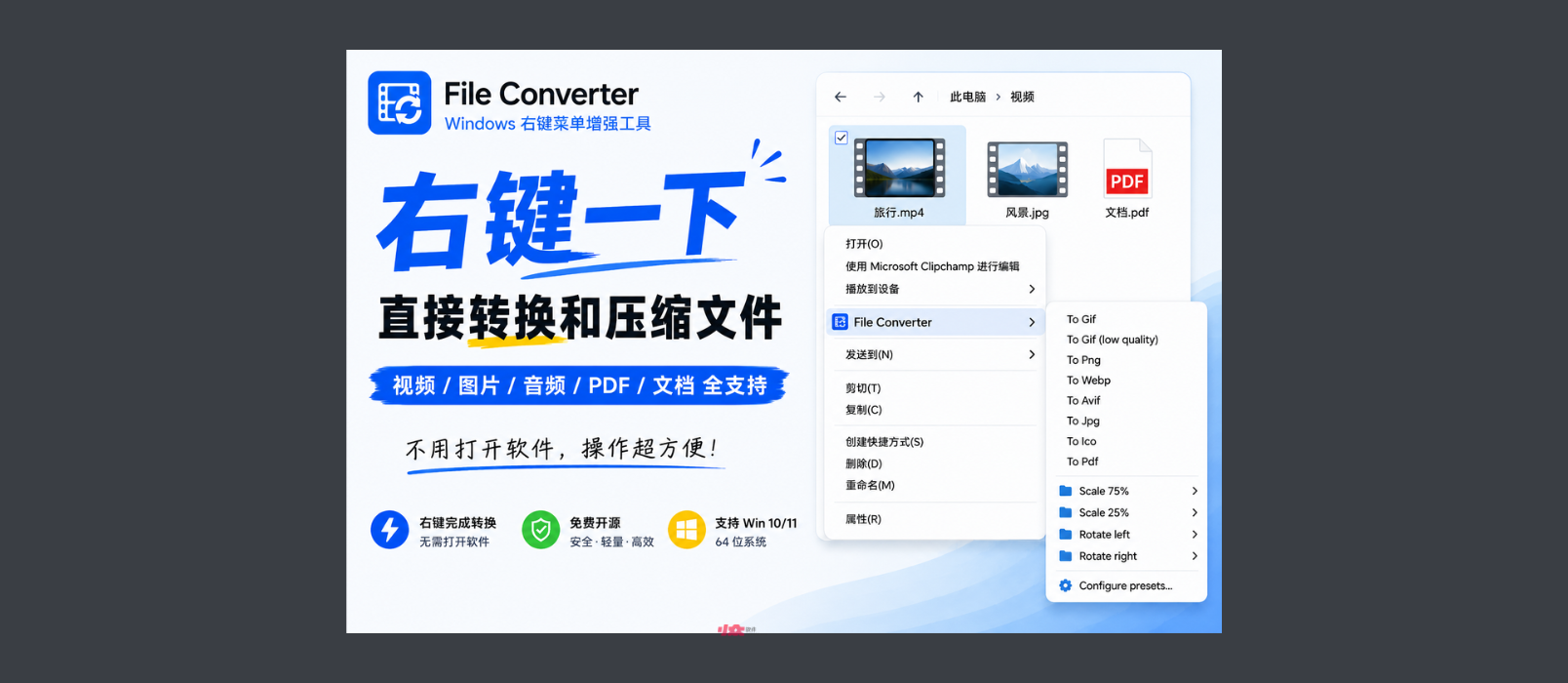右键一下，直接转换和压缩文件：File Converter 1