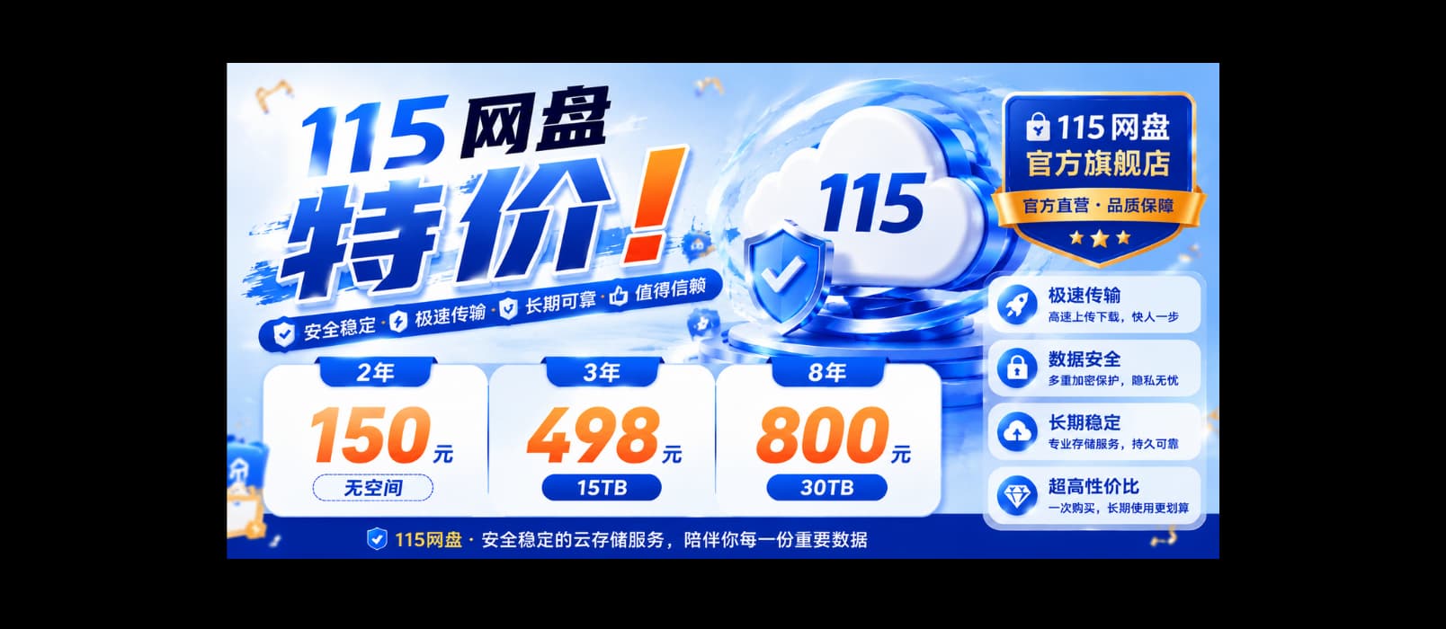 115 网盘特价：2年150（无空间），3年498，8年800 1