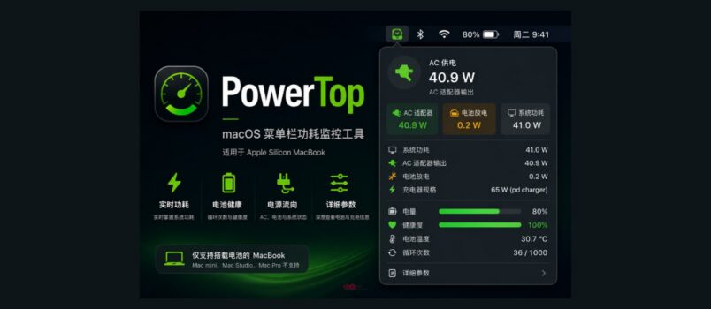 PowerTop – 在 macOS 菜单栏上实时监控电量、功耗 2