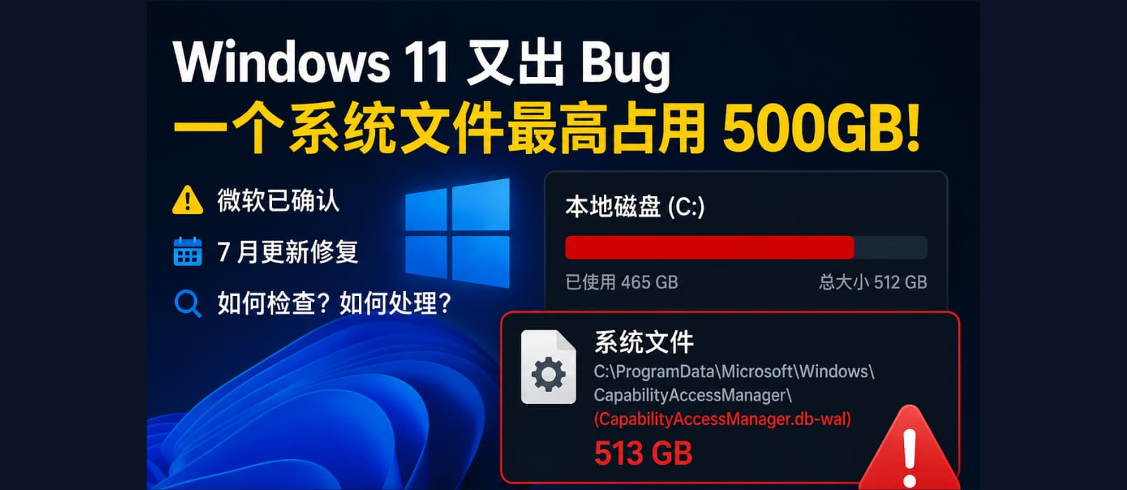 微软承认:Windows 11 这个 Bug,最高能吃掉 500GB 硬盘空间|请检查你是否受到影响 1 微软承认:Windows 11 这个 Bug,最高能吃掉 500GB 硬盘空间|请检查你是否受到影响 1
