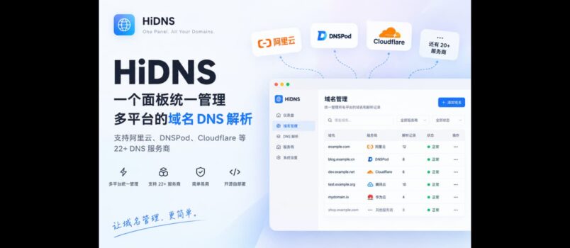 HiDNS – 统一管理阿里云、DNSPod、Cloudflare 等 22+ 平台的域名 DNS 解析 1