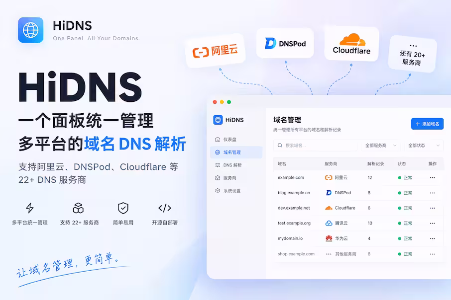 HiDNS – 统一管理阿里云、DNSPod、Cloudflare 等 22+ 平台的域名 DNS 解析 1 HiDNS – 统一管理阿里云、DNSPod、Cloudflare 等 22+ 平台的域名 DNS 解析 1