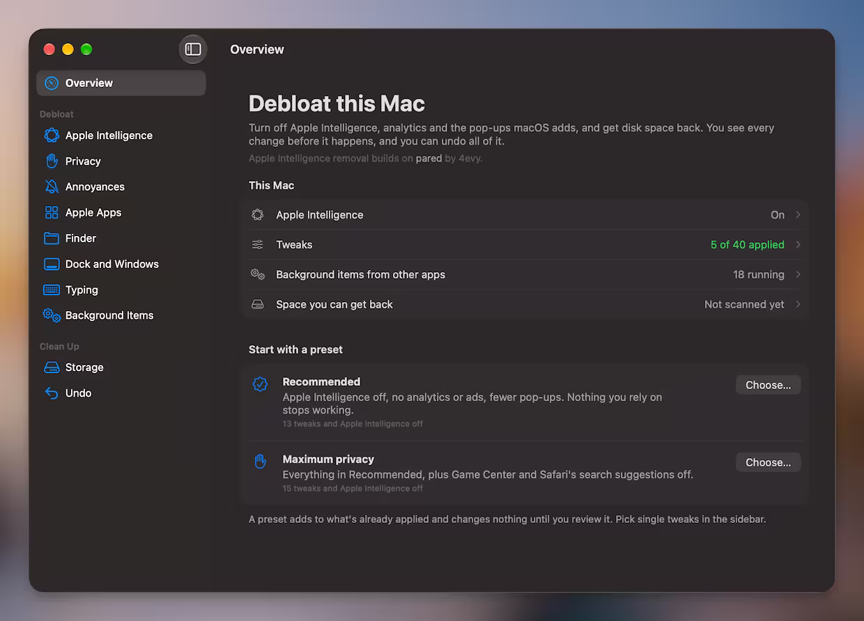 RemoveMacAI – 精简 macOS 27，关闭 Apple 智能，删除模型文件，释放 10+GB 磁盘空间 2