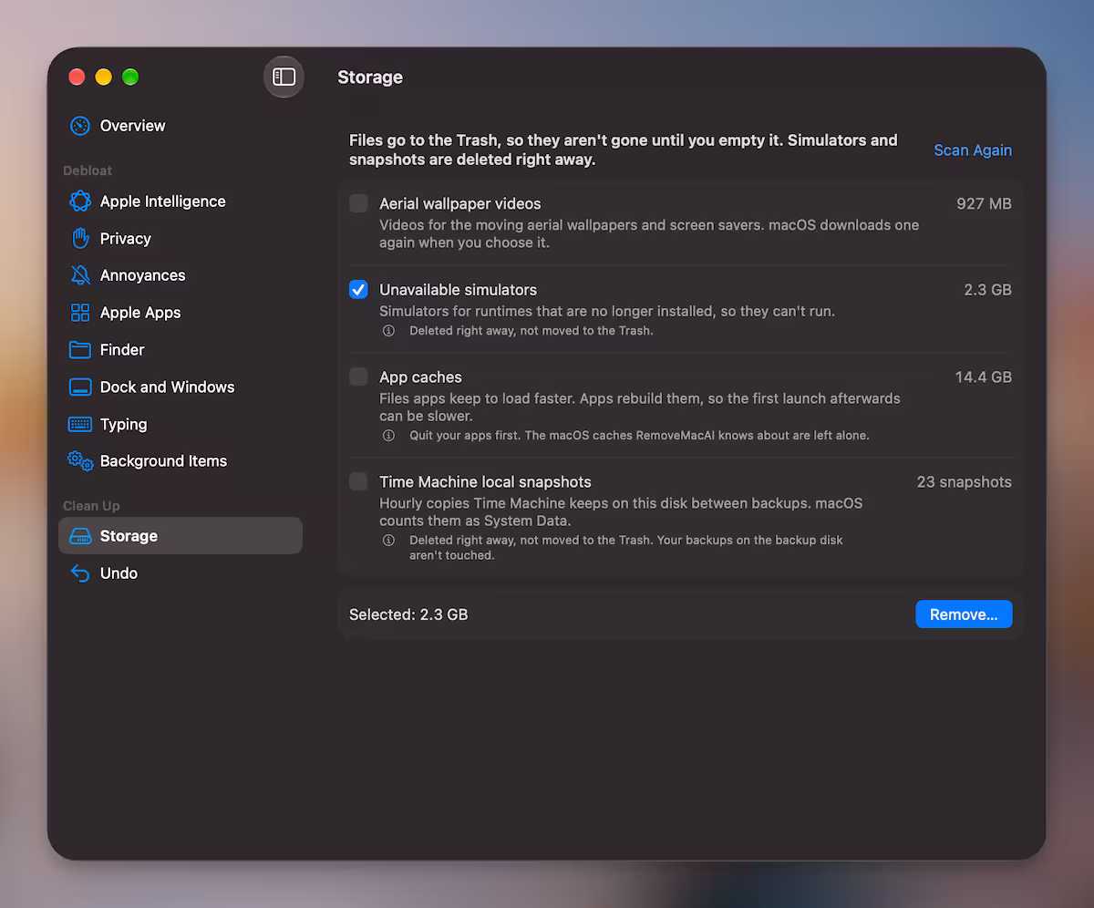 RemoveMacAI – 精简 macOS 27，关闭 Apple 智能，删除模型文件，释放 10+GB 磁盘空间 4