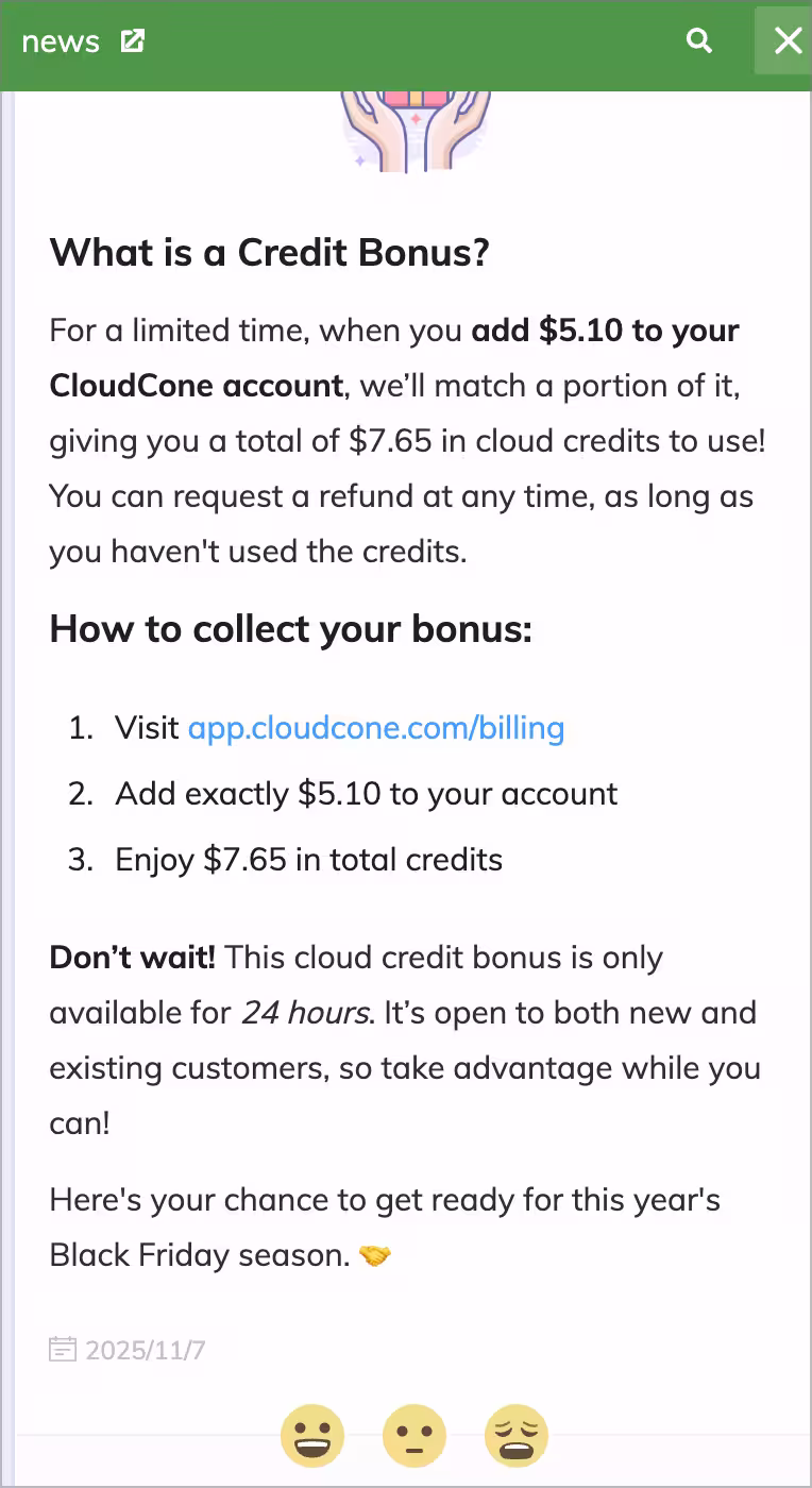 CloudCone 再次开启50%赠送:充值 5.1 美元,送 2.55 美元 5 CloudCone 再次开启50%赠送:充值 5.1 美元,送 2.55 美元 5